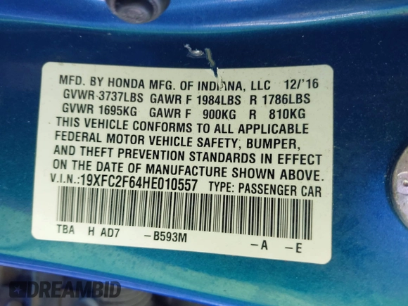 2017 Honda Civic Sedan LX with VIN 19XFC2F64HE010557, listed as a IAAI auction lot 41433110 with 111,418 mi miles. Bid and sale history available at carsss.com. Image 9.