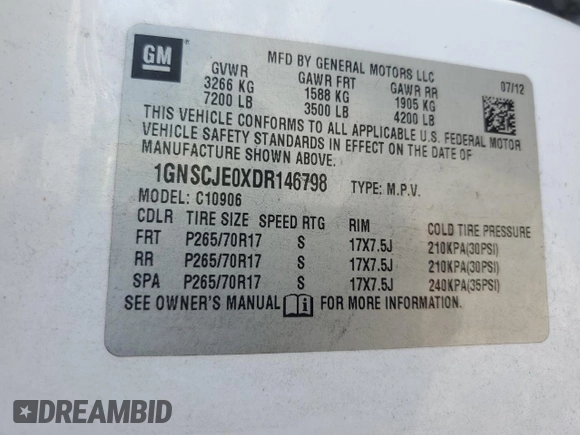 2013 Chevrolet Suburban LT with VIN 1GNSCJE0XDR146798, listed as a Copart auction lot 62408525 with 218,484 mi miles and Salvage title. Bid and sale history available at DreamBid. Image 13.