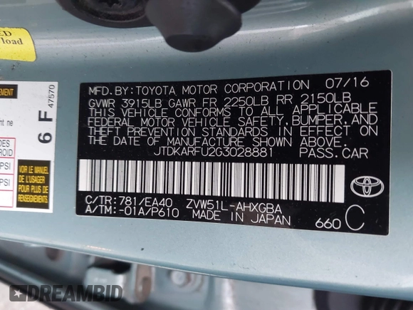2016 Toyota Prius Four with VIN JTDKARFU2G3028881, listed as a IAAI auction lot 41391646 with 147,335 mi miles and . Bid and sale history available at DreamBid. Image 9.
