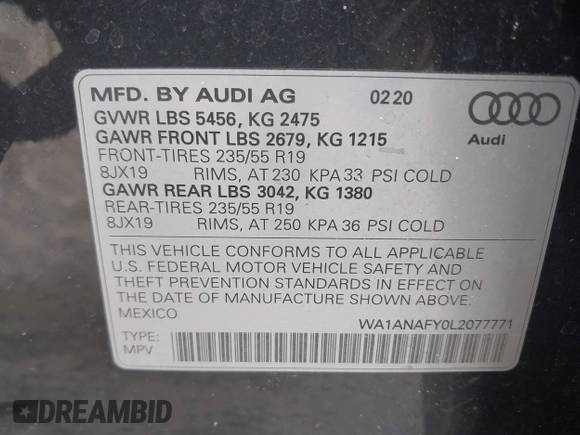 2020 Audi Q5 Premium with VIN WA1ANAFY0L2077771, listed as a IAAI auction lot 42049221 with 29,849 mi miles and . Bid and sale history available at DreamBid. Image 9.