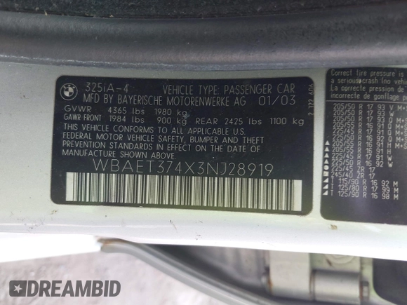 2003 BMW 3 Series 325i with VIN WBAET374X3NJ28919, listed as a IAAI auction lot 41809037 with 186,755 mi miles and . Bid and sale history available at DreamBid. Image 9.