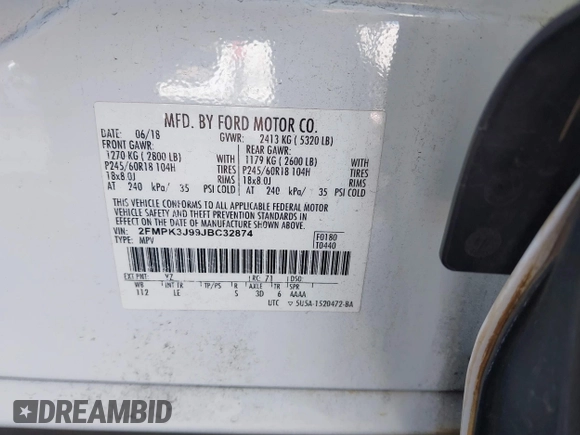 2018 Ford Edge SEL with VIN 2FMPK3J99JBC32874, listed as a IAAI auction lot 41516162 with 91,662 mi miles. Bid and sale history available at carsss.com. Image 9.