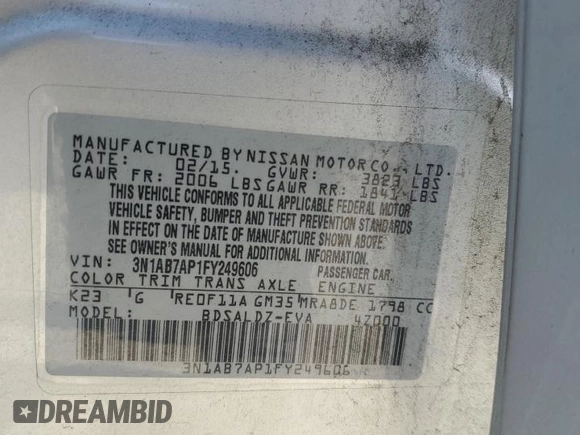 2015 Nissan Sentra SV with VIN 3N1AB7AP1FY249606, listed as a Copart auction lot 55861795 with 126,502 mi miles and Salvage Title. Bid and sale history available at DreamBid. Image 13.