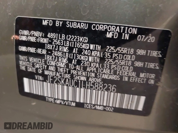 2020 Subaru Forester Limited with VIN JF2SKAUC1LH588236, listed as a IAAI auction lot 41894325 with 81,630 mi miles. Bid and sale history available at carsss.com. Image 9.