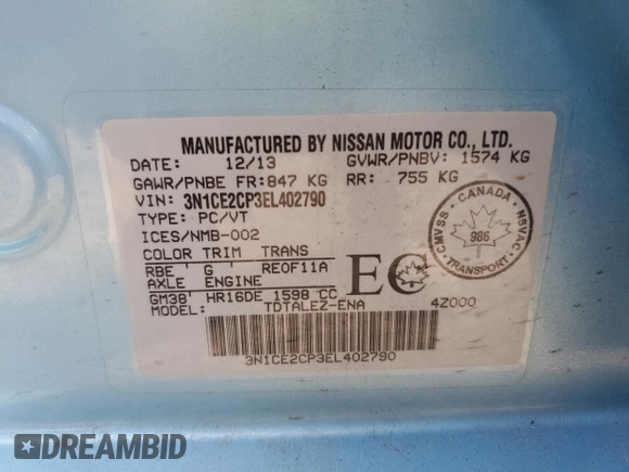 2014 Nissan Note SV with VIN 3N1CE2CP3EL402790, listed as a Copart auction lot 54224415 with 181,765 mi miles and Non Repairable. Bid and sale history available at DreamBid. Image 12.