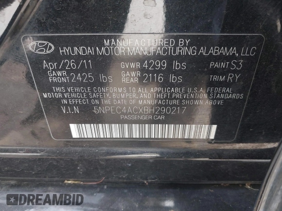 2011 Hyundai Sonata Limited with VIN 5NPEC4ACXBH290217, listed as a IAAI auction lot 41902803 with 196,332 mi miles and . Bid and sale history available at DreamBid. Image 9.