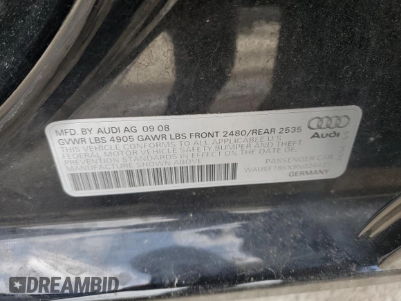 2009 Audi A4 Premium Plus with VIN WAUSF78KX9N024437, listed as a Copart auction lot 55547125 with 120,857 mi miles and Salvage title. Bid and sale history available at DreamBid. Image 12.