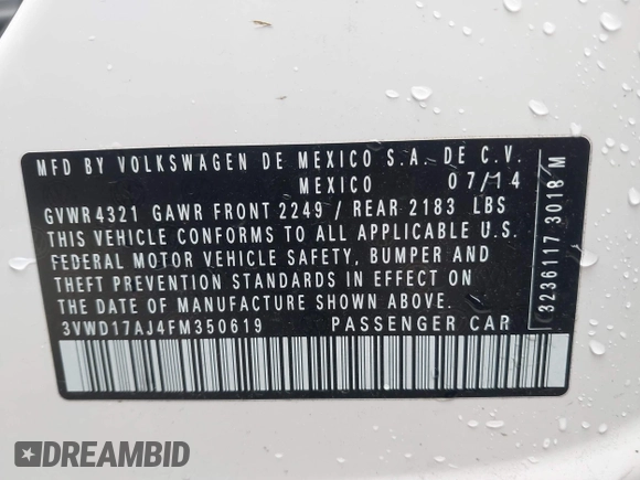 2015 Volkswagen Jetta Sedan 1.8T SE with VIN 3VWD17AJ4FM350619, listed as a IAAI auction lot 41917719 with 135,561 mi miles. Bid and sale history available at carsss.com. Image 9.