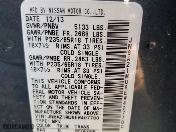 2014 Nissan Murano SV with VIN JN8AZ1MU6EW407780, listed as a Copart auction lot 73026804 with 68,035 mi miles and Clean Title. Bid and sale history available at carsss.com. Image 13.