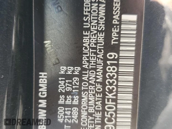 2015 BMW M4 with VIN WBS3R9C50FK333819, listed as a Copart auction lot 61105565 with 168,932 mi miles and Salvage title. Bid and sale history available at DreamBid. Image 12.