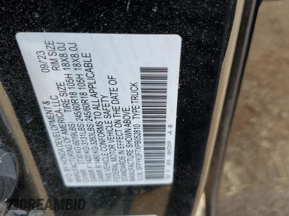 2023 Honda Ridgeline RTL-E with VIN 5FPYK3F7XPB052810, listed as a Copart auction lot 51172945 with Not provided miles and Non repairable. Bid and sale history available at DreamBid. Image 14.
