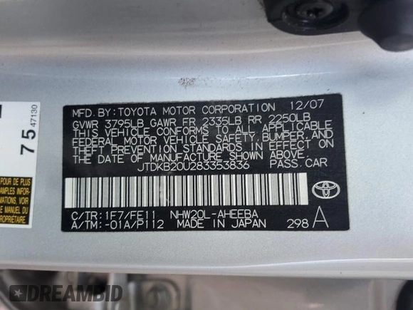 2008 Toyota Prius z VIN JTDKB20U283353836, wystawiony jako Copart lot #51854335 z przebiegiem 258 037 mil mil oraz Szkoda całkowita • Salvage title. Historia ofert i sprzedaży dostępna na DreamBid. Obrazek 15.