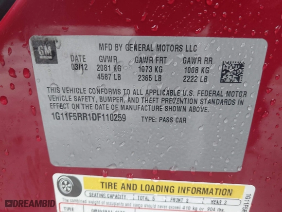 2013 Chevrolet Malibu ECO with VIN 1G11F5RR1DF110259, listed as a IAAI auction lot 41204795 with 132,909 mi miles. Bid and sale history available at carsss.com. Image 9.