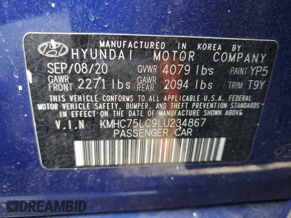 2020 Hyundai Ioniq SE with VIN KMHC75LC9LU234867, listed as a Copart auction lot 85457374 with 42,716 mi miles and Salvage title. Bid and sale history available at DreamBid. Image 12.