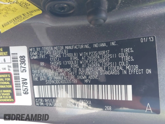2013 Toyota Sienna XLE AAS с VIN 5TDYK3DC4DS335199, выставлен на аукционе IAAI как лот 42464627 с пробегом 163 269 миль миль и . История ставок и продаж доступна на DreamBid. Изображение 9.
