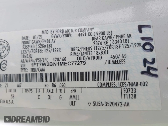 2021 Ford F-250 XL с VIN 1FT7W2BN1MEC77279, выставлен на аукционе IAAI как лот 42212274 с пробегом 54 837 миль миль и . История ставок и продаж доступна на DreamBid. Изображение 9.