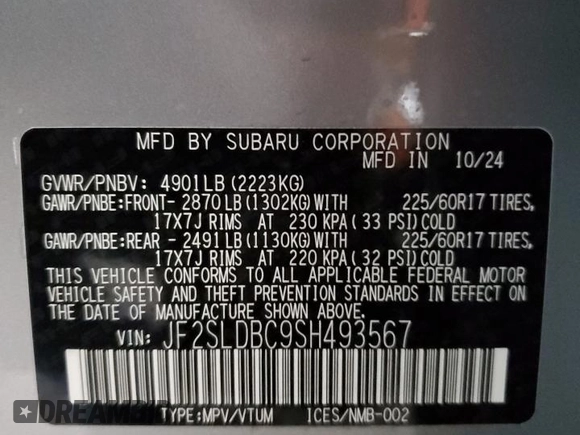 2025 Subaru Forester Premium with VIN JF2SLDBC9SH493567, listed as a Copart auction lot 47954965 with 1,539 mi miles and Salvage Title. Bid and sale history available at carsss.com. Image 13.