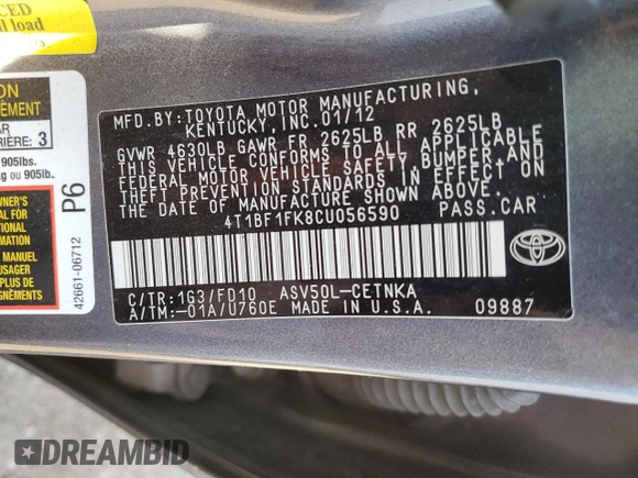 2012 Toyota Camry L with VIN 4T1BF1FK8CU056590, listed as a Copart auction lot 53578375 with 169,538 mi miles and Clean Title. Bid and sale history available at carsss.com. Image 12.