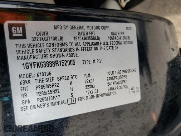 2008 Cadillac Escalade z VIN 1GYFK63888R152005, wystawiony jako Copart lot #54179325 z przebiegiem 208 059 mil mil oraz Szkody całkowita. Historia ofert i sprzedaży dostępna na DreamBid. Obrazek 14.