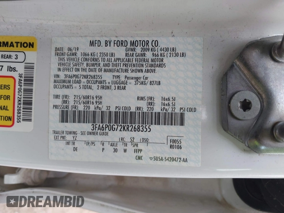 2019 Ford Fusion S with VIN 3FA6P0G72KR268355, listed as a IAAI auction lot 41514065 with 40,099 mi miles and . Bid and sale history available at DreamBid. Image 9.