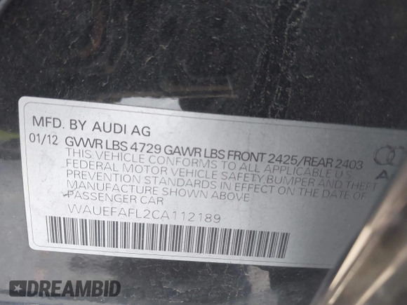 2012 Audi A4 2.0T Premium Plus with VIN WAUEFAFL2CA112189, listed as a IAAI auction lot 41604018 with 104,061 mi miles. Bid and sale history available at carsss.com. Image 9.