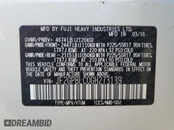2016 Subaru Crosstrek Touring with VIN JF2GPBLC0GH273139, listed as a Copart auction lot 48599925 with 59,107 mi miles and Clean title. Bid and sale history available at DreamBid. Image 13.