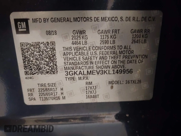 2019 GMC Terrain SLE with VIN 3GKALMEV3KL149956, listed as a IAAI auction lot 41797443 with 53,891 mi miles. Bid and sale history available at carsss.com. Image 9.