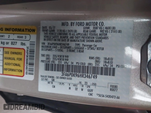 2017 Ford Fusion Titanium with VIN 3FA6P0K96HR346749, listed as a IAAI auction lot 42464431 with 134,933 mi miles and . Bid and sale history available at DreamBid. Image 9.