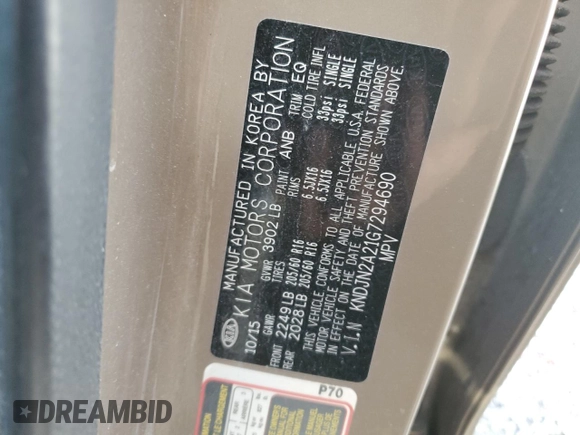 2016 Kia Soul with VIN KNDJN2A21G7294690, listed as a Copart auction lot 47738295 with 67,672 mi miles and Non Repairable. Bid and sale history available at DreamBid. Image 12.