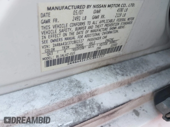 2007 Nissan Maxima SL with VIN 1N4BA41E37C861517, listed as a IAAI auction lot 42879626 with 246,705 mi miles and . Bid and sale history available at DreamBid. Image 9.