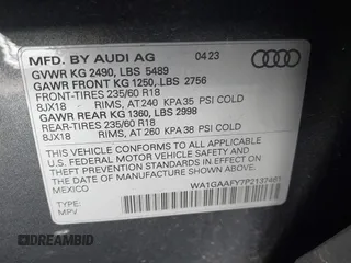 2023 Audi Q5 S line Premium with VIN WA1GAAFY7P2137461, listed as a IAAI auction lot 41621439 with 21,100 mi miles. Bid and sale history available at carsss.com. Image 9.