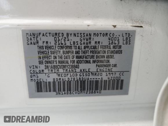 2021 Nissan Sentra SV z VIN 3N1AB8CV0MY238840, wystawiony jako Copart lot #60248665 z przebiegiem 81 689 mil mil oraz Nie do naprawy • Non repairable. Historia ofert i sprzedaży dostępna na DreamBid. Obrazek 12.