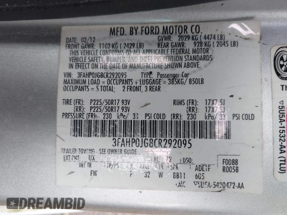 2012 Ford Fusion SEL with VIN 3FAHP0JG8CR292095, listed as a IAAI auction lot 41710438 with 140,363 mi miles. Bid and sale history available at carsss.com. Image 9.