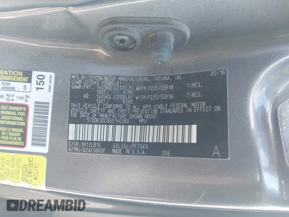 2016 Toyota Sienna Ltd with VIN 5TDDK3DC9GS140380, listed as a IAAI auction lot 41753383 with 215,123 mi miles. Bid and sale history available at carsss.com. Image 9.