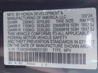 2024 Honda CR-V Sport with VIN 7FARS5H55RE031391, listed as a IAAI auction lot 41662628 with 16,140 mi miles and . Bid and sale history available at DreamBid. Image 9.