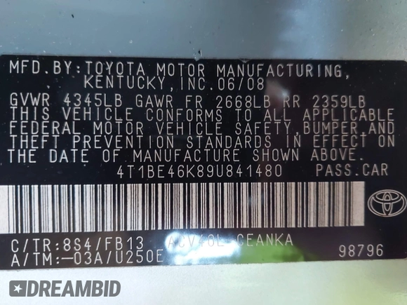 2009 Toyota Camry with VIN 4T1BE46K89U841480, listed as a IAAI auction lot 42127831 with 90,874 mi miles. Bid and sale history available at carsss.com. Image 9.
