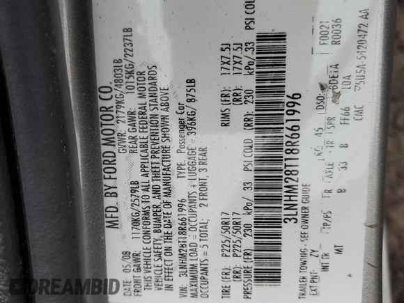 2008 Lincoln MKZ with VIN 3LNHM28T18R661996, listed as a Copart auction lot 44410585 with 209,763 mi miles and Salvage Title. Bid and sale history available at DreamBid. Image 12.