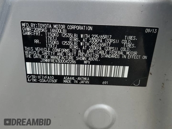 2013 Toyota RAV4 XLE with VIN JTMRFREV3DD042286, listed as a Copart auction lot 53102925 with 90,367 mi miles and Salvage Title. Bid and sale history available at carsss.com. Image 13.
