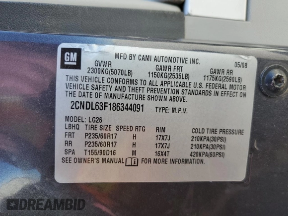 2008 Chevrolet Equinox LT z VIN 2CNDL63F186344091, wystawiony jako Copart lot #52506795 z przebiegiem 160 299 mil mil oraz Szkoda całkowita • Salvage title. Historia ofert i sprzedaży dostępna na DreamBid. Obrazek 13.