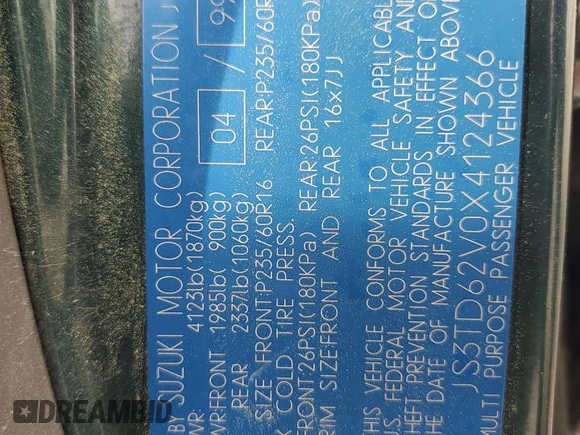 1999 Suzuki Grand Vitara JLX z VIN JS3TD62V0X4124366, wystawiony jako Copart lot #50885055 z przebiegiem 204 168 mil mil oraz Szkoda całkowita • Salvage title. Historia ofert i sprzedaży dostępna na DreamBid. Obrazek 12.