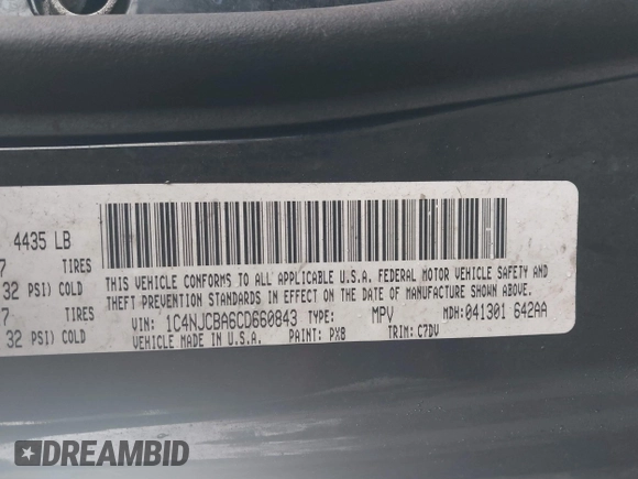 2012 Jeep Compass Sport with VIN 1C4NJCBA6CD660843, listed as a IAAI auction lot 41679095 with 173,950 mi miles. Bid and sale history available at carsss.com. Image 9.