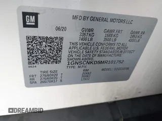 2021 Chevrolet Tahoe LT с VIN 1GNSCNKD5MR101752, выставлен на аукционе IAAI как лот 41597973 с пробегом 50 987 миль миль и . История ставок и продаж доступна на DreamBid. Изображение 9.