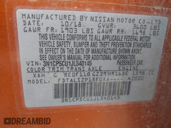 2018 Nissan Kicks SV с VIN 3N1CP5CU1JL540145, выставлен на аукционе IAAI как лот 42274486 с пробегом 118 317 миль миль и . История ставок и продаж доступна на DreamBid. Изображение 9.