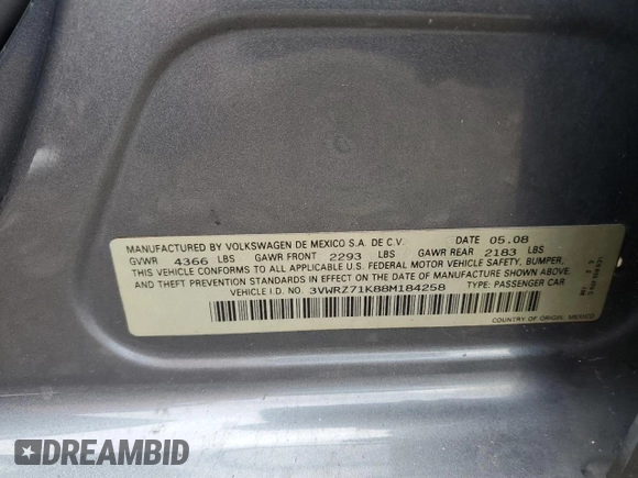 2008 Volkswagen Jetta SE z VIN 3VWRZ71K88M184258, wystawiony jako Copart lot #51010594 z przebiegiem 172 196 mil mil oraz Nie do naprawy • Non repairable. Historia ofert i sprzedaży dostępna na DreamBid. Obrazek 10.