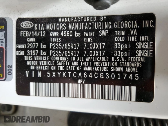 2012 Kia Sorento LX with VIN 5XYKTCA64CG301745, listed as a Copart auction lot 82380944 with 131,528 mi miles and Clean Title. Bid and sale history available at DreamBid. Image 13.