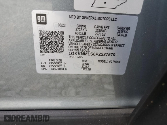 2023 GMC Acadia SLT with VIN 1GKKNMLS6PZ237570, listed as a Copart auction lot 73848254 with 8,055 mi miles and Salvage Title. Bid and sale history available at DreamBid. Image 13.