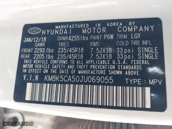 2018 Hyundai Kona Ultimate with VIN KM8K5CA50JU069055, listed as a IAAI auction lot 41634286 with 130,109 mi miles. Bid and sale history available at carsss.com. Image 9.