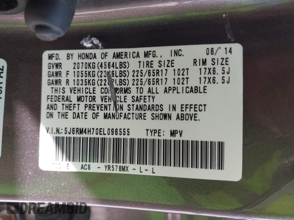 2014 Honda CR-V EX-L with VIN 5J6RM4H70EL096555, listed as a IAAI auction lot 42038062 with 113,601 mi miles. Bid and sale history available at carsss.com. Image 9.