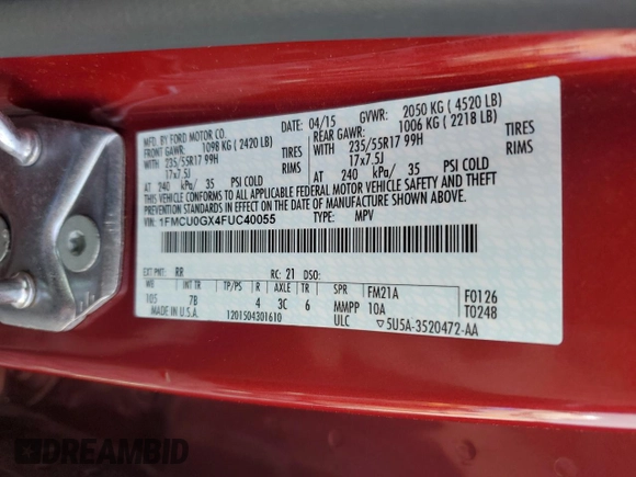 2015 Ford Escape SE with VIN 1FMCU0GX4FUC40055, listed as a Copart auction lot 51298635 with 71,993 mi miles and Salvage Title. Bid and sale history available at DreamBid. Image 13.