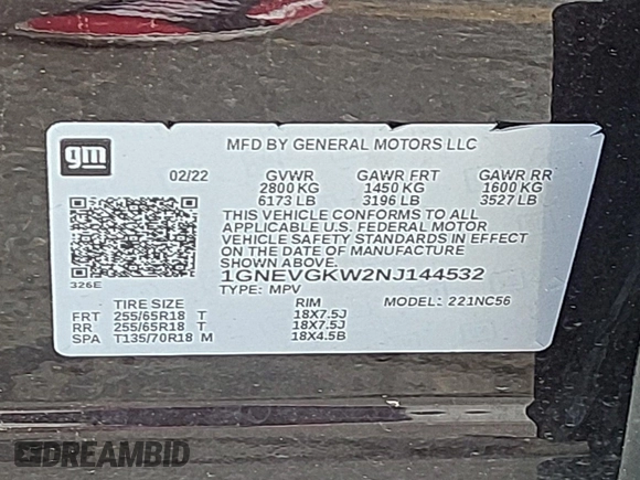 2022 Chevrolet Traverse LT Cloth с VIN 1GNEVGKW2NJ144532, выставлен на аукционе IAAI как лот 42503271 с пробегом 119 015 миль миль и . История ставок и продаж доступна на DreamBid. Изображение 1.